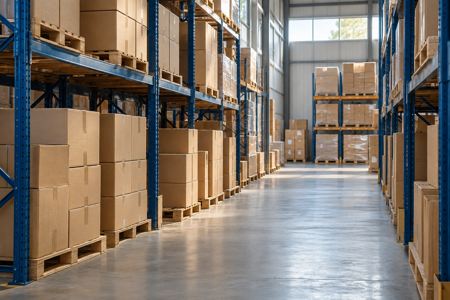 Illustrative warehouse aisle with palletized cartons and industrial storage racks